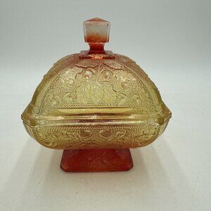 Vintage Jeannette Amberina Glass Lidded Compote Candy Dish 7" High Red Yellow